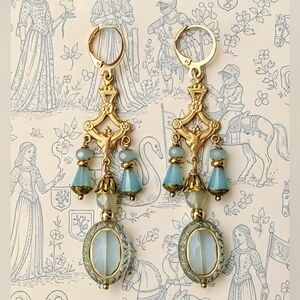 Victorian Aqua Blue Glass In Gold Plated Chandelier Art Deco Earrings